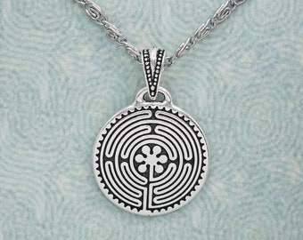 Chartres Labyrinth Necklace 18" Scroll Chain * Antiqued Tierracast Pendant & Bail * Boxed