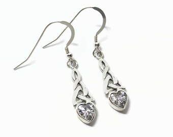 April Birthstone CZ Sterling Silver Celtic Trinity Knot Earrings Crystal Clear Color CZ on Sterling Earwires Boxed