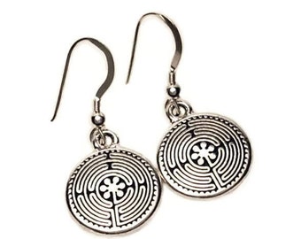 Labyrinth Dangle Earrings Fine Silver Plated Over Pewter Sterling Silver Earwire Options Maze Meditation Spirituality