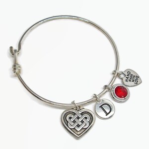 Celtic Love Knot Heart Bangle Bracelet Personalize with Swarovski Crystal Color and Letter Initial Charms Boxed