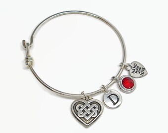 Celtic Love Knot Heart Bangle Bracelet Personalize with Swarovski Crystal Color and Letter Initial Charms Boxed