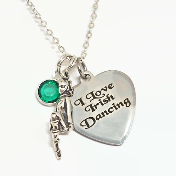 I Love Irish Dancing Necklace Message Heart with 3D Dancer on 16" or 18" Length Sterling Silver Cable Chain Gift Boxed
