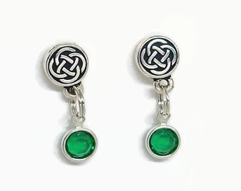 May Birthstone Celtic Round Knot Post Earrings with Dangling Swarovski Crystal Charms in Emerald Green
