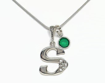 May Birthstone Necklace  Sterling Silver Personalized Celtic Knot Letter Initial With Emerald Green Crystal 18" Snake Chain