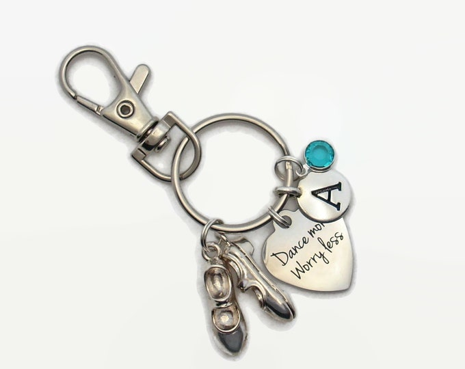 Tap Dance Personalized Keyring * Dance More Worry Less *  Tap Dance Shoes + Message Heart + Choice of Letter & Swarovski Charms