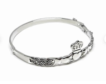 Slim Irish Claddagh Bangle with Braided Knotwork Detailing Celtic Art * Safety Chain * Boxed