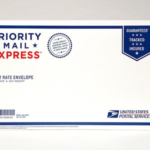 May include: White Priority Mail Express flat rate envelope with blue and red text. The envelope features the text "PRIORITY MAIL EXPRESS" and "FLAT RATE ENVELOPE". It also includes the United States Postal Service logo.