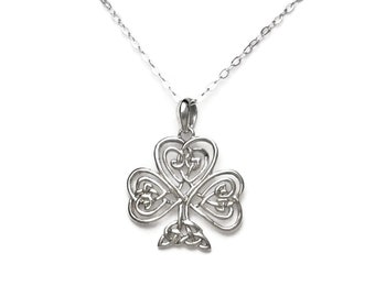 Sterling Silver Celtic Irish Shamrock Necklace Knotwork Hearts 18" Cable Chain