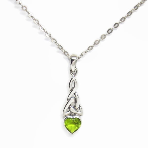 August Birthstone Necklace Peridot CZ Heart Celtic Knotwork Trinity All Sterling Silver 16" or 18" Cable Chain Boxed