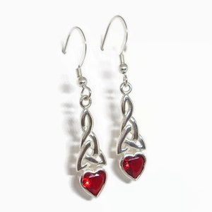 July Birthstone Earrings Celtic Trinity Knots Sterling Silver with Siam Red CZ Hearts French Earwires or Leverback Attachment