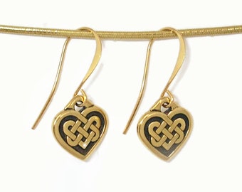 Celtic Love Knot Heart Earrings Antiqued Gold Plated Pewter on French Hook Earwires Dangle Style Boxed