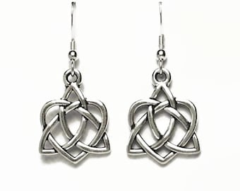 Celtic Trinity Knot Heart Dangle Earrings Fine Silver Plated Pewter Sterling Silver Earwires  Boxed
