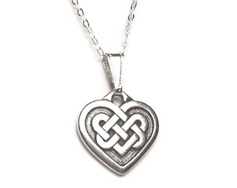 Celtic Love Knot Heart Necklace with Sterling Silver Box Chain in 3 Lengths Fine Silver Plated Pewter Heart