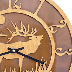 Elk Wood Wall Clock, Rusted Steel Back, Lodge Decor, Handmade USA Timepiece