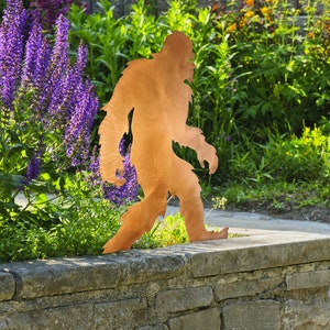 Bigfoot Walking Statue, Sasquatch Metal Yard Art, Yeti, Garden Statuary, Rust Finish, Handmade in Tucson, AZ, USA, Crooks Designs