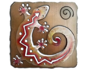 Gecko/Lizard, C-Shaped, Southwest Cut Outs, Sunset Swirl Finish, Metal Wall Art, Decor, Handmade, USA