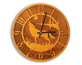 Tableau Wolf Clock, Wood Face Mounted on Rusted Steel Back