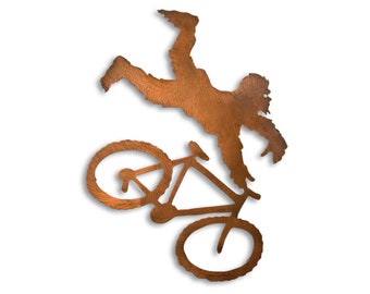 Bigfoot Cycling Metal Wall Art, Sasquatch Yeti Sculpture, Rust Finish, USA Made
