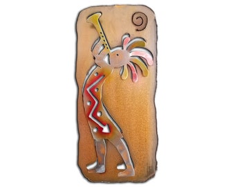 Trumpet Kokopelli, Left Facing, Southwest Cut Outs, Sunset Swirl Finish, Metal Wall Art, Decor, Handmade, USA