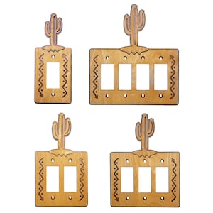 May include: Four wooden light switch covers with a cactus design. The covers are in different sizes, with one, two, and three switch openings. The cactus design is carved into the wood and has a brown stain.