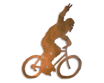 Sasquatch on Bike Peace Sign Metal Wall Art, BigFoot Element Collection, Made in USA, Crooks Designs