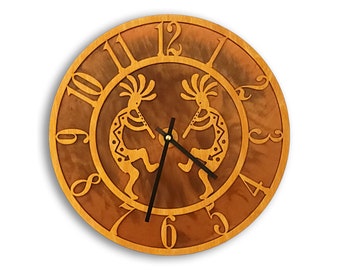 Tableau Kokopelli Clock, Kokopelli Pair Wall Clock with Wood Face Mounted on Rusted Steel Back