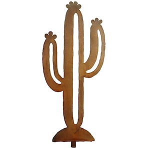 May include: A rusty brown metal cactus sculpture with three arms and a rounded base. The cactus is a silhouette design with no details.
