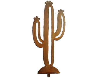 May include: A rusty brown metal cactus sculpture with three arms and a rounded base. The cactus is a silhouette design with no details.