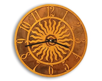 Tableau Sun Clock, Sunburst Wall Clock with Wood Face Mounted on Rusted Steel Back