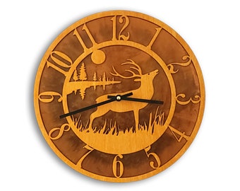 Tableau Deer Clock, Wood Face Mounted on Rusted Steel Back