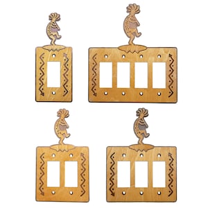 May include: Set of four wooden light switch covers with a Native American dancer design. The covers are available in single, double, and triple switch configurations.