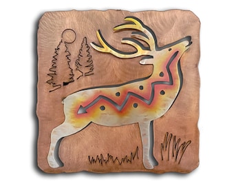 Deer Cutout Metal Wall Art, Woodland Collection, Stag, Elk, Sunset Swirl Finish, Available in Four Sizes, Handmade in the USA