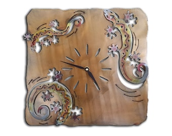 3 Gecko/Lizard, Southwest Cut Out Clock, Sunset Swirl Finish, Steel, Handmade, USA