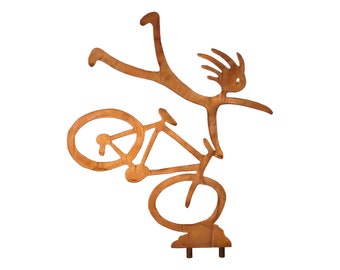 Kokopelli doing Endo on Bike, Southwest Metal Sculpture, Rust Finish