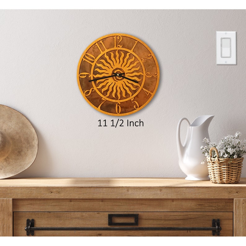 Tableau Sun Clock, Sunburst Wall Clock with Wood Face Mounted on Rusted Steel Back 11.5 inches