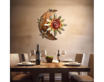 Eclipse Metal Wall Art, Southwest Sun Moon Hanging, Desert Sunset Swirl Finish, 12 Sunrays, USA Made