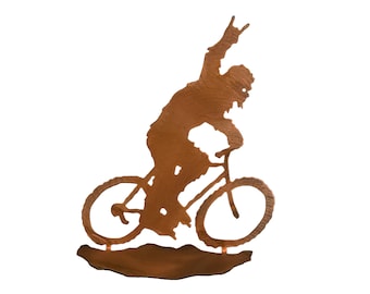 Bigfoot On Bike Horns Sign Statue, Sasquatch Table Topper, Rust Finish, Made in USA