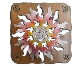 Happy Face Sun, Southwest Cut Outs, Sunset Swirl Finish, Metal Wall Art, Decor, Handmade, USA