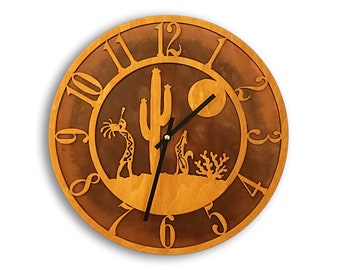 Tableau Southwest Clock, Southwest Vignette Wall Clock with Wood Face Mounted on Rusted Steel Back