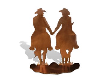 Cowboy Cowgirl on Horseback Statue, Rust Finish, Personalized Award