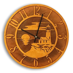 Tableau Lighthouse Clock, Lighthouse Wall Clock with Wood Face Mounted on Rusted Steel Back image 1