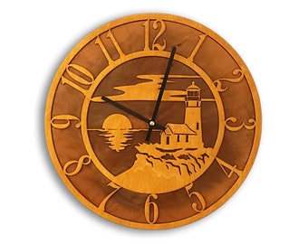 Tableau Lighthouse Clock, Lighthouse Wall Clock with Wood Face Mounted on Rusted Steel Back