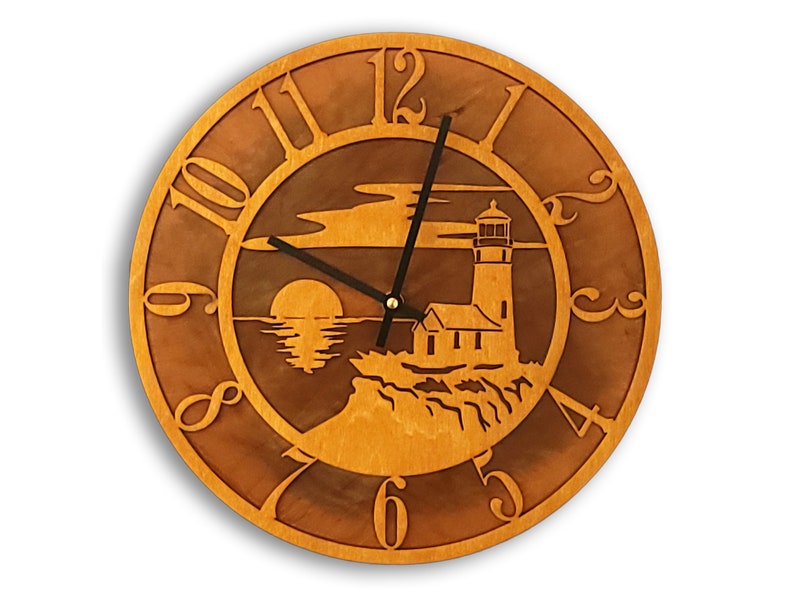 Tableau Lighthouse Clock, Lighthouse Wall Clock with Wood Face Mounted on Rusted Steel Back image 1