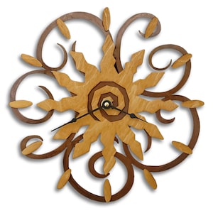 Sun Burst 12 Point Southwest Swirl Gold Wood on Rusted Steel Wall Clock - Choose from 11 1/4 or 17 1/2 Inch Sun Clock