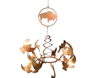Bison and Birds Wind Spinner, Woodland Sculpture, Kinetic Metal Art, Handmade in USA!