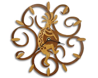 Kokopelli Flute Wood Wall Clock – Southwest Rusted Steel Swirl