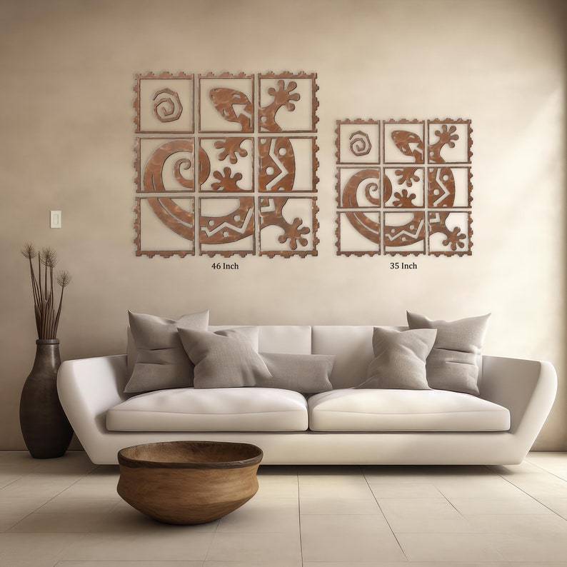 Large Gecko Lizard Metal Wall Art, Nine-Frame Polyptych, Extra large 9 Piece Southwest Rusted Wall Art, Available in 46 and 35-inch Sizes. image 5