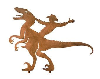 Cowboy on Dinosaur Statue, Dino Bronc: Western Yard Art, Four Sizes