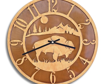 Bison Buffalo Wall Clock, Tableaus Clock Collection, Wood on Rusted Steel Back
