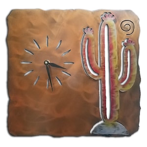 Cactus, Southwest Cut Out Clock, Sunset Swirl Finish, Steel, Metal Wall Art, Wall Hanging, Decor, Handmade, USA image 1